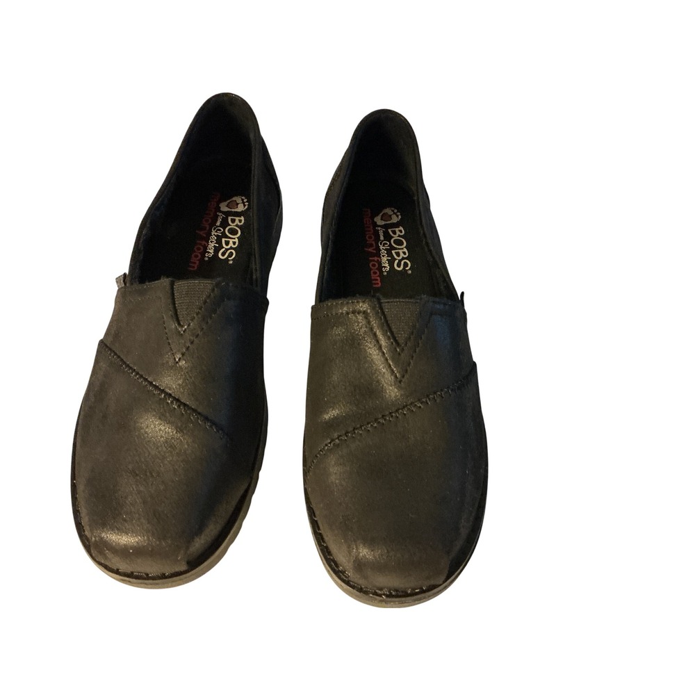 BOBS from Skechers 113352 Black Metallic Faux Fur Memory Foam Slip On Shoes 7